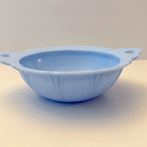 Jeanette Cherry Blossom Delphite Handled Bowl Blue Depression Glass 9" - Picture 7 of 7